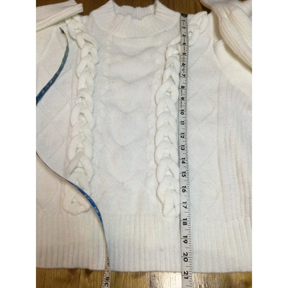 Line & Dot Womens White Cable Knit Sweater With Ruffles Soft Girl Coquette